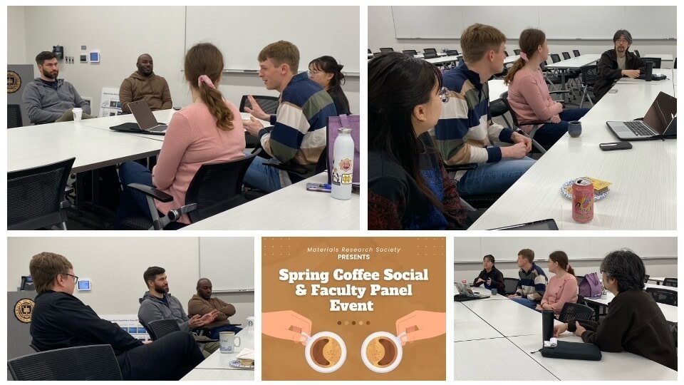Collage of four photos of a small group of faculty and students having a discussion.