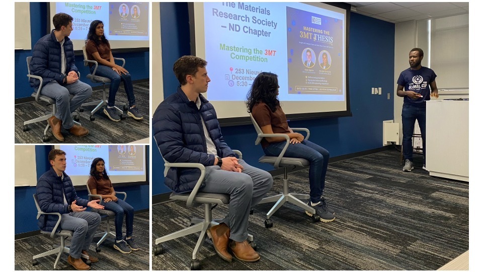 Three photos of a two-person panel discussion and moderator.