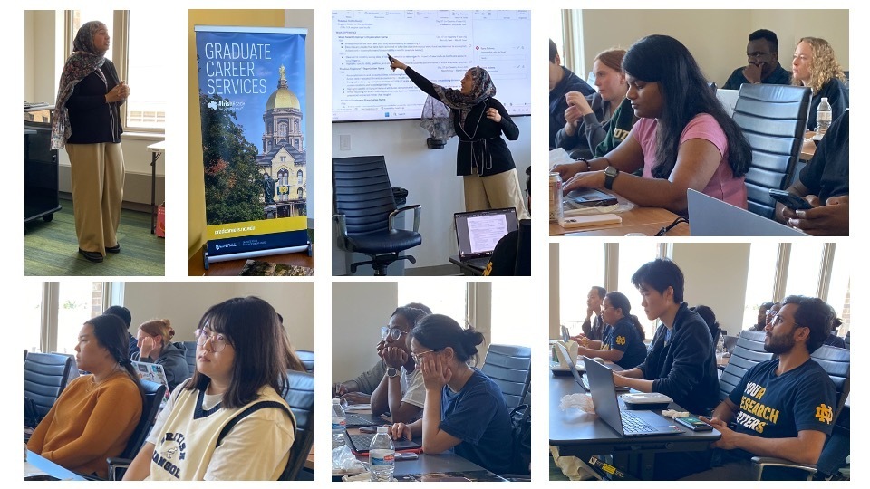 Photo collage of a female speaker addressing several graduate students.