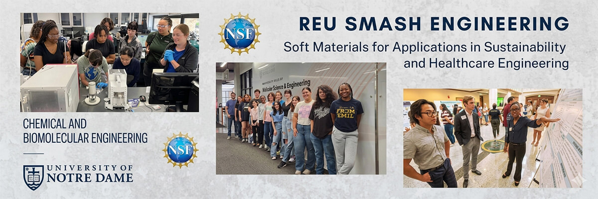 Collage of three pictures of college students in the lab, posed for a group shot, and presenting at a poster session. The students are past participants in the SMASH REU program at Notre Dame.